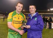 17 April 2010; Michael Murphy, Donegal, is presented with the Cadbury Under 21 Tipperary v Donegal Hero of the Match Award by Shane Guest, Marketing Manager Cadbury Ireland. Cadbury GAA Football Under 21 All-Ireland Football Championship Semi-Final, Tipperary v Donegal. Parnell Park, Dublin. Picture credit: Pat Murphy / SPORTSFILE