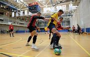19 April 2010; David O'Sullivan, DIT, in action against Mike McSweeney, left, Aldo Xhani, UCC. National Colleges and Universities Futsal Cup Semi-Final 1, DIT v UCC, University of Limerick, Limerick. Picture credit: Diarmuid Greene / SPORTSFILE