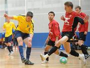 19 April 2010; David O'sullivan, DIT, in action against Aldo Xhani and Mike McSweeney, right, UCC. National Colleges and Universities Futsal Cup Semi-Final 1, DIT v UCC, University of Limerick, Limerick. Picture credit: Diarmuid Greene / SPORTSFILE
