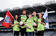 12 April 2016; TV star Moone Boy, David Rawle, centre, joined a host of GAA stars today at Croke Park to launch Kellogg’s GAA Cúl Camps 2016. The summer camps attract over 100,000 children and are hosted in more than 1,000 locations nationwide. Costing just Ä55 for a full week of fun, coaching and a free kit, Kelloggís is on a mission for the promotion of nutrition coupled with physical activity. Sign up for Kellogg’s GAA Cúl Camps at www.kelloggsculcamps.gaa.ie. Pictured are, from left, Cork camogie player Aisling Thompson, Mayo footballer Aidan O'Shea, Kilkenny hurler TJ Reid and Armagh ladies footballer Aimee Mackin. Croke Park, Dublin. Picture credit: Ramsey Cardy / SPORTSFILE