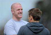 20 April 2010; Munster's Paul O'Connell shares a joke with team manager Shaun Payne during squad training ahead of their Celtic League game against Ospreys on Saturday. University of Limerick, Limerick.  Picture credit: Brian Lawless / SPORTSFILE