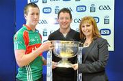 20 April 2010; At the launch of the 2010 ESB GAA Minor Championships are, from left, Mayo captain Cillian O'Connor with Mayo manager Tony Duffy and Lisa Browne, Sponsorship Manager, ESB. ESB, in partnership with the GAA, will be delivering a players' sustainability programme, focused specifically on the needs of minor players throughout the championships. Croke Park, Dublin. Picture credit: Brendan Moran / SPORTSFILE
