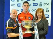 20 April 2010; At the launch of the 2010 ESB GAA Minor Championships are, from left, Armagh manager Paul McShane, captain Pete Carraghar, and Lisa Browne, Sponsorship Manager, ESB. ESB, in partnership with the GAA, will be delivering a players' sustainability programme, focused specifically on the needs of minor players throughout the championships. Croke Park, Dublin. Picture credit: Brendan Moran / SPORTSFILE