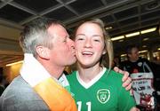 22 April 2010; The Republic of Ireland team arrived home after qualifying for the European Women's U17 Championships Semi-Finals. The team were due to arrive home on Saturday 18th April but were delayed in Istanbul due to the disruption to air travel. Siobhan Killeen, from Raheny, Dublin, is welcomed home by her father Gerry. Dublin Airport, Dublin. Picture credit: Brian Lawless / SPORTSFILE