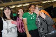 22 April 2010; The Republic of Ireland team arrived home after qualifying for the European Women's U17 Championships Semi-Finals. The team were due to arrive home on Saturday 18th April but were delayed in Istanbul due to the disruption to air travel. Rianna Jarrett, from Wexford Town, is greeted on arrival by, from right, her grandmother Clare Healy, mother Doreen Campbell, and her aunt Diane Healy. Dublin Airport, Dublin. Picture credit: Brian Lawless / SPORTSFILE