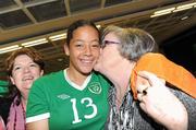 22 April 2010; The Republic of Ireland team arrived home after qualifying for the European Women's U17 Championships Semi-Finals. The team were due to arrive home on Saturday 18th April but were delayed in Istanbul due to the disruption to air travel. Rianna Jarrett, from Wexford Town, is greeted on arrival by her grandmother Clare Healy, right, and mother Doreen Campbell. Dublin Airport, Dublin. Picture credit: Brian Lawless / SPORTSFILE
