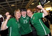 22 April 2010; The Republic of Ireland team arrived home after qualifying for the European Women's U17 Championships Semi-Finals. The team were due to arrive home on Saturday 18th April but were delayed in Istanbul due to the disruption to air travel. Players, from left, Rebecca Kearney, from Lakewood, Co. Cork, Jennifer Byrne, from Bealnamulla, Co. Westmeath, and Kerry Ann Glynn, from New Jersey, celebrate on arrival. Dublin Airport, Dublin. Picture credit: Brian Lawless / SPORTSFILE