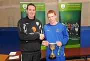 19 April 2010; IT Carlow captain Danny Ledwith is presented with the cup by Ger Dunne, FAI National Development Officer for Schools & Colleges, after victory over DIT. National Colleges and Universities Futsal Cup Final, IT Carlow v DIT, University of Limerick, Limerick. Picture credit: Diarmuid Greene / SPORTSFILE