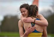 15 April 2016; Grainne Moynihan, DCU, hugs Aisling Drumgoole, UCD, after Moynihan finished second to Drumgoole in the women's 200m semi-final event. Irish Universities Athletic Association Track & Field Championships 2016, Day 1. Morton Stadium, Santry, Co. Dublin. Picture credit: Cody Glenn / SPORTSFILE