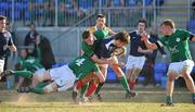 13 April 2010; Jean Pascal Barraque, France, is tackled by Simon Hanbidge, 4, and David O'Mahony, Ireland. U19 International Friendly, Ireland v France, Donnybrook Stadium, Dublin. Picture credit: Brendan Moran / SPORTSFILE