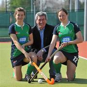 25 April 2010; Ireland’s Women’s Hockey Team, sponsored by ESB, departed from Dublin earlier today, bound for Santiago, Chile, where they will compete in the World Cup Qualifiers. The team were due to depart early last week but their travel plans were affected as a result of the volcanic ash. ESB are the national sponsor of Women’s and Girl’s Hockey in Ireland. Pictured is Padraig McManus, Chief Executive, ESB, with Irish players Michelle Harvey, left, and Lisa Jacob. Ireland are ranked second going into the tournament and will face world number five Australia, Chile, 16, Ukraine, 21, Malaysia, 22 and Scotland, 23, in a bid to earn a spot in the Women’s World Cup in Argentina next August. National Hockey Stadium, UCD, Belfield, Dublin. Picture credit: Brendan Moran / SPORTSFILE