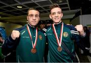 18 April 2016; Team Ireland's David Joyce, left, and Brendan Irvine who both won a Bronze medal at the European Olympic Boxing Qualifiers in Samsun, Turkey, on their return home. Dublin Airport, Dublin. Picture credit: Cody Glenn / SPORTSFILE