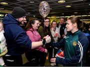 18 April 2016; Team Ireland's Katie Taylor who won a Bronze medal at the European Olympic Boxing Qualifiers in Samsun, Turkey, is greeted by supporters on her return home. Dublin Airport, Dublin. Picture credit: Cody Glenn / SPORTSFILE