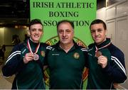 18 April 2016; Team Ireland's David Joyce, left, and Brendan Irvine, right, who won a Bronze medal at the European Olympic Boxing Qualifiers in Samsun, Turkey, with their coach Zaur Antia on their return home. Dublin Airport, Dublin. Picture credit: Cody Glenn / SPORTSFILE