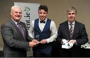 18 April 2016; Conor Moynagh, DCU, from Cavan, is presented with his Independent.ie Football Rising Stars Award award by Uachtarán Chumann Lúthchleas Gael Aogán Ó Fearghail, left, and Gerry Tully, Chairman of Comhairle Ardoideachais, right. Independent.ie Football Rising Stars Awards. Croke Park, Dublin. Picture credit: Seb Daly / SPORTSFILE