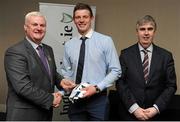 18 April 2016; John Heslin, UCD, from Westmeath, is presented with his Independent.ie Football Rising Stars Award award by Uachtarán Chumann Lúthchleas Gael Aogán Ó Fearghail, left, and Gerry Tully, Chairman of Comhairle Ardoideachais, right. Independent.ie Football Rising Stars Awards. Croke Park, Dublin. Picture credit: Seb Daly / SPORTSFILE