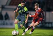 18 April 2016; Kurtis Byrne, Bohemians, in action against Robert Duggan, Shelbourne. EA Sports Cup Second Round Pool 4, Shelbourne v Bohemians. Tolka Park, Dublin. Picture credit: David Fitzgerald / SPORTSFILE