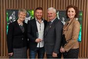 18 April 2016; Daniel McKenna, DKIT, from Monaghan, centre left, is joined by Uachtarán Chumann Lúthchleas Gael Aogán Ó Fearghail, centre right, President of DKIT Ann Campbell, left, and Mairead Monaghan, GAA games development officer at DKIT, right, after collecting his Independent.ie Football Rising Stars Award. Independent.ie Football Rising Stars Awards. Croke Park, Dublin. Picture credit: Seb Daly / SPORTSFILE