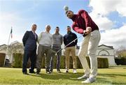 19 April 2016; Ireland rugby player Rob Kearney tees off. Druids Glen CEO Edward Stephenson and ambassadors Fergus McFadden, Rob and Dave Kearney joined Jonathan Irwin from the Jack & Jill Foundation to launch the Jack & Jill Annual Golf Classic which will take place in Druids Glen Hotel & Golf Resort on Friday 13th May 2016. The classic is open to teams of four and the donation per team is €1,024, the equivalent of one month’s nursing care for one Jack & Jill baby. Team slots are filling up fast - if you wish to book a team, please contact the Jack & Jill office on 045 894538.  . Druids Glen Resort, Newtownmountkennedy, Co. Wicklow. Picture credit: Matt Browne / SPORTSFILE