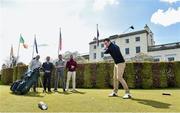 19 April 2016; Ireland rugby player Dave Kearney tees off. Druids Glen CEO Edward Stephenson and ambassadors Fergus McFadden, Rob and Dave Kearney joined Jonathan Irwin from the Jack & Jill Foundation to launch the Jack & Jill Annual Golf Classic which will take place in Druids Glen Hotel & Golf Resort on Friday 13th May 2016. The classic is open to teams of four and the donation per team is €1,024, the equivalent of one month’s nursing care for one Jack & Jill baby. Team slots are filling up fast - if you wish to book a team, please contact the Jack & Jill office on 045 894538.  . Druids Glen Resort, Newtownmountkennedy, Co. Wicklow. Picture credit: Matt Browne / SPORTSFILE