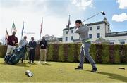 19 April 2016; Ireland rugby player Fergus McFadden tees off. Druids Glen CEO Edward Stephenson and ambassadors Fergus McFadden, Rob and Dave Kearney joined Jonathan Irwin from the Jack & Jill Foundation to launch the Jack & Jill Annual Golf Classic which will take place in Druids Glen Hotel & Golf Resort on Friday 13th May 2016. The classic is open to teams of four and the donation per team is €1,024, the equivalent of one month’s nursing care for one Jack & Jill baby. Team slots are filling up fast - if you wish to book a team, please contact the Jack & Jill office on 045 894538.  . Druids Glen Resort, Newtownmountkennedy, Co. Wicklow. Picture credit: Matt Browne / SPORTSFILE