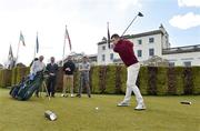 19 April 2016; Ireland rugby player Rob Kearney tees off. Druids Glen CEO Edward Stephenson and ambassadors Fergus McFadden, Rob and Dave Kearney joined Jonathan Irwin from the Jack & Jill Foundation to launch the Jack & Jill Annual Golf Classic which will take place in Druids Glen Hotel & Golf Resort on Friday 13th May 2016. The classic is open to teams of four and the donation per team is €1,024, the equivalent of one month’s nursing care for one Jack & Jill baby. Team slots are filling up fast - if you wish to book a team, please contact the Jack & Jill office on 045 894538.  . Druids Glen Resort, Newtownmountkennedy, Co. Wicklow. Picture credit: Matt Browne / SPORTSFILE