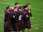 24 April 2010; Rory Gaffney celebrates scoring his first of two goals, for Mervue United, with team-mates Mike Tierney, 6,  Mark Ludden, right, captain Eric Browne, left,  and Enda Curran. Airtricity League First Division, Mervue United v Salthill Devon, Terryland Park, Galway. Picture credit: Ray McManus / SPORTSFILE