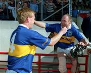 3 June 2001; John Leahy of Tipperary, right, celebrates with team-mate Declan Ryan at the final whistle following his side's victory in the Guinness Munster Senior Hurling Championship Semi-Final match between Tipperary and Clare at Páirc Uí Chaoimh in Cork. Photo by Brendan Moran/Sportsfile