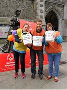22 April 2016; 3,000 volunteers are out in force across Ireland today, Friday 22nd, trying to raise €650,000 for Special Olympics in just 24 hours. All of the funds raised go towards supporting 9,100 athletes right across Ireland. Collection locations in 250 villages, towns and cities in Ireland. Visit specialolympics.ie to donate and for more details. Pictured are, from left to right, Fiona Byrne, Special Olympics Ireland athlete, Matt English, CEO of Special Olympics Ireland, and Nichole Redmond, Special Olympics Ireland athlete. Special Olympics Collection Day. Dublin. Picture credit: Seb Daly / SPORTSFILE
