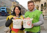22 April 2016; 3,000 volunteers are out in force across Ireland today, Friday 22nd, trying to raise €650,000 for Special Olympics in just 24 hours. All of the funds raised go towards supporting 9,100 athletes right across Ireland. Collection locations in 250 villages, towns and cities in Ireland. Visit specialolympics.ie to donate and for more details. Pictured are, volunteer Deborah Fox, Drumcondra, Dublin, and eir employee Ollie Collins, Lucan, Co. Dublin. Special Olympics Collection Day. Dublin. Picture credit: Seb Daly / SPORTSFILE