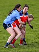 23 April 2016; Vera Foley, Cork, is tackled by Olwen Carey, left, and Niamh Ryan, Dublin. Lidl Ladies Football National League, Division 1, semi-final, Cork v Dublin. St Brendan's Park, Birr, Co. Offaly. Picture credit: Ramsey Cardy / SPORTSFILE