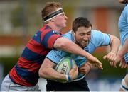 23 April 2016; Barry Daly, UCD, is tackled by Tony Ryan, Clontarf. Ulster Bank League, Division 1A, semi-final, Clontarf v UCD. Castle Avenue, Clontarf, Co. Dublin. Picture credit: Cody Glenn / SPORTSFILE