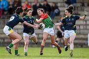 23 April 2016; Niamh Kelly, Mayo, is tackled by Lorraine Scanlon, left, Aisling Leonard, centre, and Aisling O'Connell, Kerry. Lidl Ladies Football National League, Division 1, semi-final, Mayo v Kerry. St Brendan's Park, Birr, Co. Offaly. Picture credit: Ramsey Cardy / SPORTSFILE