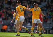 23 April 2016; Mathew Fitzpatrick, left, celebrates after scoring a goal for Antrim in the 31st minute with team-mate Brian Neeson. Allianz Football League, Division 4, Final, Louth v Antrim. Croke Park, Dublin. Picture credit: Ray McManus / SPORTSFILE