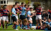 23 April 2016; Adam Byrne, UCD, contests referee David Wilkinson's decision near the touch line. Ulster Bank League, Division 1A, semi-final, Clontarf v UCD. Castle Avenue, Clontarf, Co. Dublin. Picture credit: Cody Glenn / SPORTSFILE