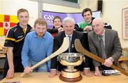 4 May 2010; Aogan Farrell, Ulster GAA President, centre, along with Paul Shiels, Antrim player, Frank Brady, Monaghan manager, Sean Ennis, Down player, Declan McGarry, Fermanagh player and Dinny Cahill, Antrim manager, at the Ulster Senior Hurling & Camogie Championships Launch. Cardinal Tomás Ó Fiaich Memorial Library, Co. Armagh. Picture credit: Oliver McVeigh  / SPORTSFILE