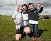 23 April 2016; Miriam Holt, Edenderry, celebrates with Bonnie Mulligan, age 5 months, and Fionn Mulligan, age 5, after the game. Bank of Ireland Leinster Women's Paul Flood Cup Final, Tullamore v Edenderry. Cill Dara RFC, Kildare. Picture credit: Sam Barnes / SPORTSFILE