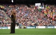 24 April 2016; Lisa Lambe, singing 'The Foggy Dew' during the Laochra entertainment performance after the Allianz Football League Final. Allianz Football League Finals, Croke Park, Dublin.  Picture credit: Ramsey Cardy / SPORTSFILE