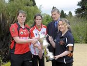 10 May 2010; Pictured at the Ulster Senior Football & Ladies Football Championships Launch are Kyla Trainor, Down, Maura Kelly, Tyrone, Hugh Devenney, Ulster Ladies GAA President and Mairaid McParland, Armagh. Belfast Castle, Belfast, Co. Antrim. Picture credit: Oliver McVeigh / SPORTSFILE