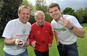 12 May 2010; Barretstown ambassador Gordon D’Arcy, right, joined Today FM D.J. Ian Dempsey, left, and Jim Aughney, Marathon Race Director, centre, to encourage runners, walkers, and joggers to sign up for the two official Dublin Marathon charities. The Lifestyle Sports adidas Dublin Marathon was launched today in Merrion Square and takes place on the 25th October 2010. For further information check out www.facebook.com/dublinmarathon or www.dublinmarathon.ie. Merrion Square, Dublin. Picture credit: Brian Lawless / SPORTSFILE