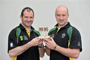 13 May 2010; Armagh footballer Steven McDonnell, left, and Galway hurler Ger Farragher proudly display their awards having been selected as the Opel GPA players of the League in football and hurling respectively. These awards recognise the outstanding contribution both players made to their county’s performances in the 2010 National Football and Hurling Leagues. The Croke Park Hotel, Jones's Road, Dublin. Picture credit: Brendan Moran / SPORTSFILE