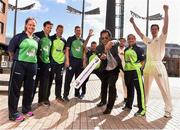 26 April 2016; Cricket Ireland have launched an ambitious five-year plan to become a mainstream sport, with the goal of taking the game to new audiences and beginning to rival the popularity of football, rugby and GAA by 2020. The KPC Group were unveiled at the event as main team sponsor for the next three years as well as headline sponsor of the forthcoming home series against Sri Lanka and Pakistan, and the prestigious Cricket Ireland Awards. In further good news at the event, Irish sports company O'Neills are putting their shirts on further success for the Ireland cricket team by extending their sponsorship deal for a further four years to the end of the decade. Cricket Ireland and O’Neills also revealed plans for an exciting new joint venture between both parties to launch a new online store where people can buy replica kit, leisure wear and cricket equipment and accessories. For more information please see www.cricketireland.ie. Pictured at the launch of the Cricket Ireland Strategic Plan is Dr. Kali Pradip Chaudhuri, Chairman and founder of the KPC group, showing off his cricket skills to Ireland players, from left, Laura Delany, Ed Joyce, Kevin O'Brien, Peter Chase, Max Sorensen, Andrew Balbirnie, Isobel Joyce and George Dockrell. Lighthouse Cinema / Smithfield Square, Smithfield, Dublin 7. Picture credit: David Maher / SPORTSFILE