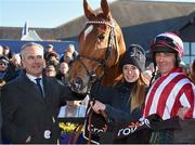 26 April 2016; Jockey Davy Russell with owner Chris Jones after winning the Growise Champion Novice Steeplechase with Zabana. Punchestown, Co. Kildare. Photo by Sportsfile