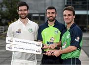 27 April 2016; Cricket Ireland have launched an ambitious five-year plan to become a mainstream sport, with the goal of taking the game to new audiences and beginning to rival the popularity of football, rugby and GAA by 2020. The KPC Group were unveiled at the event as main team sponsor for the next three years as well as headline sponsor of the forthcoming home series against Sri Lanka and Pakistan, and the prestigious Cricket Ireland Awards. In further good news at the event, Irish sports company O'Neills are putting their shirts on further success for the Ireland cricket team by extending their sponsorship deal for a further four years to the end of the decade. Cricket Ireland and O’Neills also revealed plans for an exciting new joint venture between both parties to launch a new online store where people can buy replica kit, leisure wear and cricket equipment and accessories. For more information please see www.cricketireland.ie. Pictured at the launch of the Cricket Ireland Strategic Plan are Ireland Cricketers, from left, Andrew Balbirnie, Stuart Thompson and Andy McBrine. Ulster University Jordanstown, Belfast, Co. Antrim. Picture credit: Oliver McVeigh / SPORTSFILE