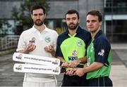 27 April 2016; Cricket Ireland have launched an ambitious five-year plan to become a mainstream sport, with the goal of taking the game to new audiences and beginning to rival the popularity of football, rugby and GAA by 2020. The KPC Group were unveiled at the event as main team sponsor for the next three years as well as headline sponsor of the forthcoming home series against Sri Lanka and Pakistan, and the prestigious Cricket Ireland Awards. In further good news at the event, Irish sports company O'Neills are putting their shirts on further success for the Ireland cricket team by extending their sponsorship deal for a further four years to the end of the decade. Cricket Ireland and O’Neills also revealed plans for an exciting new joint venture between both parties to launch a new online store where people can buy replica kit, leisure wear and cricket equipment and accessories. For more information please see www.cricketireland.ie. Pictured at the launch of the Cricket Ireland Strategic Plan are Ireland Cricketers, from left, Andrew Balbirnie, Stuart Thompson and Andy McBrine. Ulster University Jordanstown, Belfast, Co. Antrim. Picture credit: Oliver McVeigh / SPORTSFILE