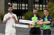 27 April 2016; Cricket Ireland have launched an ambitious five-year plan to become a mainstream sport, with the goal of taking the game to new audiences and beginning to rival the popularity of football, rugby and GAA by 2020. The KPC Group were unveiled at the event as main team sponsor for the next three years as well as headline sponsor of the forthcoming home series against Sri Lanka and Pakistan, and the prestigious Cricket Ireland Awards. In further good news at the event, Irish sports company O'Neills are putting their shirts on further success for the Ireland cricket team by extending their sponsorship deal for a further four years to the end of the decade. Cricket Ireland and O’Neills also revealed plans for an exciting new joint venture between both parties to launch a new online store where people can buy replica kit, leisure wear and cricket equipment and accessories. For more information please see www.cricketireland.ie. Pictured at the launch of the Cricket Ireland Strategic Plan are Ireland Cricketers, from left, Andrew Balbirnie, Stuart Thompson and Andy McBrine. Ulster University Jordanstown, Belfast, Co. Antrim. Picture credit: Oliver McVeigh / SPORTSFILE