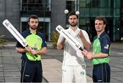 27 April 2016; Cricket Ireland have launched an ambitious five-year plan to become a mainstream sport, with the goal of taking the game to new audiences and beginning to rival the popularity of football, rugby and GAA by 2020. The KPC Group were unveiled at the event as main team sponsor for the next three years as well as headline sponsor of the forthcoming home series against Sri Lanka and Pakistan, and the prestigious Cricket Ireland Awards. In further good news at the event, Irish sports company O'Neills are putting their shirts on further success for the Ireland cricket team by extending their sponsorship deal for a further four years to the end of the decade. Cricket Ireland and O’Neills also revealed plans for an exciting new joint venture between both parties to launch a new online store where people can buy replica kit, leisure wear and cricket equipment and accessories. For more information please see www.cricketireland.ie. Pictured at the launch of the Cricket Ireland Strategic Plan are Ireland Cricketers, from left, Stuart Thompson, Andrew Balbirnie and Andy McBrine. Ulster University Jordanstown, Belfast, Co. Antrim. Picture credit: Oliver McVeigh / SPORTSFILE