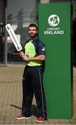 27 April 2016; Cricket Ireland have launched an ambitious five-year plan to become a mainstream sport, with the goal of taking the game to new audiences and beginning to rival the popularity of football, rugby and GAA by 2020. The KPC Group were unveiled at the event as main team sponsor for the next three years as well as headline sponsor of the forthcoming home series against Sri Lanka and Pakistan, and the prestigious Cricket Ireland Awards. In further good news at the event, Irish sports company O'Neills are putting their shirts on further success for the Ireland cricket team by extending their sponsorship deal for a further four years to the end of the decade. Cricket Ireland and O’Neills also revealed plans for an exciting new joint venture between both parties to launch a new online store where people can buy replica kit, leisure wear and cricket equipment and accessories. For more information please see www.cricketireland.ie. Pictured at the launch of the Cricket Ireland Strategic Plan is Ireland player Stuart Thompson. Ulster University Jordanstown, Belfast, Co. Antrim. Picture credit: Oliver McVeigh / SPORTSFILE