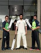 27 April 2016; Cricket Ireland have launched an ambitious five-year plan to become a mainstream sport, with the goal of taking the game to new audiences and beginning to rival the popularity of football, rugby and GAA by 2020. The KPC Group were unveiled at the event as main team sponsor for the next three years as well as headline sponsor of the forthcoming home series against Sri Lanka and Pakistan, and the prestigious Cricket Ireland Awards. In further good news at the event, Irish sports company O'Neills are putting their shirts on further success for the Ireland cricket team by extending their sponsorship deal for a further four years to the end of the decade. Cricket Ireland and O’Neills also revealed plans for an exciting new joint venture between both parties to launch a new online store where people can buy replica kit, leisure wear and cricket equipment and accessories. For more information please see www.cricketireland.ie. Pictured at the launch of the Cricket Ireland Strategic Plan are Ireland Cricketers Andy McBrine, Andrew Balbirnie and  Stuart Thompson . Ulster University Jordanstown, Belfast, Co. Antrim. Picture credit: Oliver McVeigh / SPORTSFILE