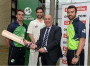 27 April 2016; Cricket Ireland have launched an ambitious five-year plan to become a mainstream sport, with the goal of taking the game to new audiences and beginning to rival the popularity of football, rugby and GAA by 2020. The KPC Group were unveiled at the event as main team sponsor for the next three years as well as headline sponsor of the forthcoming home series against Sri Lanka and Pakistan, and the prestigious Cricket Ireland Awards. In further good news at the event, Irish sports company O'Neills are putting their shirts on further success for the Ireland cricket team by extending their sponsorship deal for a further four years to the end of the decade. Cricket Ireland and O’Neills also revealed plans for an exciting new joint venture between both parties to launch a new online store where people can buy replica kit, leisure wear and cricket equipment and accessories. For more information please see www.cricketireland.ie. Pictured at the launch of the Cricket Ireland Strategic Plan are Kieran Kennedy, Managing Director of O'Neills sportswear, centre, and Ireland Cricketers Andy McBrine, Andrew Balbirnie and  Stuart Thompson. Ulster University Jordanstown, Belfast, Co. Antrim. Picture credit: Oliver McVeigh / SPORTSFILE